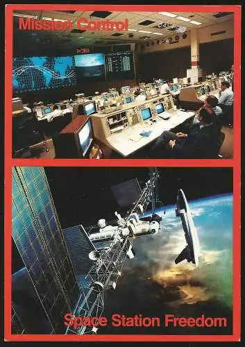 [Ansichtskarte] NASA in Houston (Texas) Missionskontrolle und Freiheit der Raumstation /
Salle de Contrôle & Station spatiale Freedom /
Mission control & Space Station Freedom. 