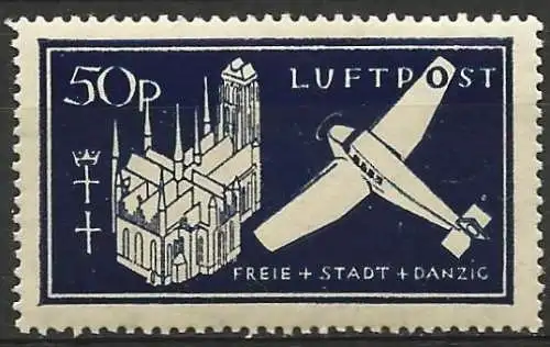 Danzig 1937 - Mi 271a - YT xxx - Die Marienkirche und das Flugzeug der Junkers W33 - MNH