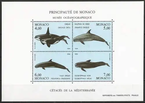 Monaco 1994 - Mi BL 62 - YT BF 64 - Meeressäugetiere : Orca, Delfin und Wal - MNH ( Block 143 x 100 )