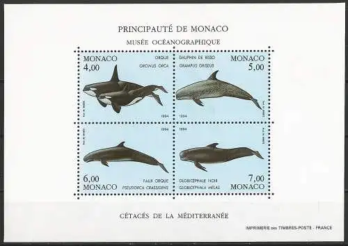 Monaco 1994 - Mi BL 62 - YT BF 64 - Meeressäugetiere : Orca, Delfin und Wal - MNH