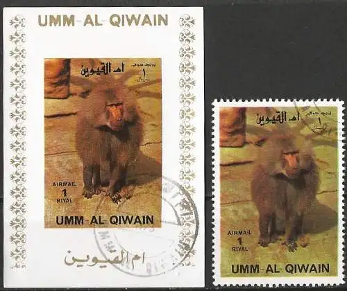 Umm al-Kaiwain 1972 - Mi 1009 BwBL + 1009A - Tierwelt : Affe ( Block 50 x 70 ) Ungezahnt