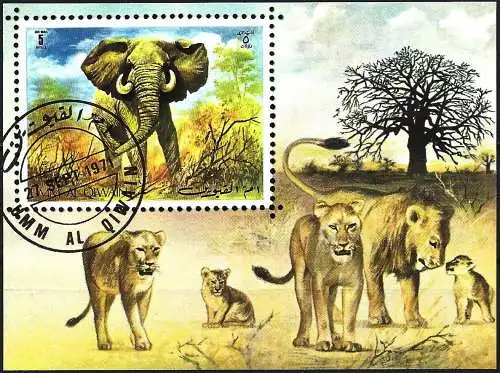 Umm al-Kaiwain 1971 - Mi B34 - YT BF 1 - Tierwelt : Elefant und Löwe ( Block 101 x 75 )