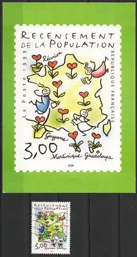 Frankreich 1999 - Mi 3365 - YT 3223 - Volkszählung - Briefmarke + Ansichtkarte der Post