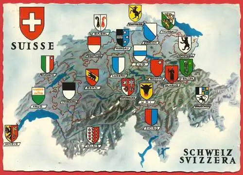 [Ansichtskarte] Schweiz : Landkarte und Wappen der Kantone  /
Suisse : Carte et armoiries des cantons / Switzerland : Map and oat of arms of the cantons. 