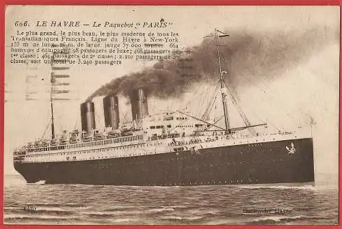 [Ansichtskarte] Passagierschiff " Paris "/ Paquebot de la Cie Générale Transatlantique / Ocean liner. 