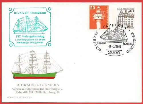 Deutschland BDR 1986 - Ganzsache Hamburg Hafen Geburstag - Windjammer Rickmer Rickmers