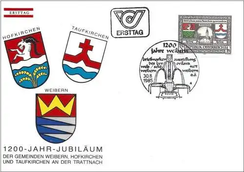 Österreich 1985 - Mi 1824 - YT 1653 - Wappen von Hofkirchen und Taufkirchen - FDC