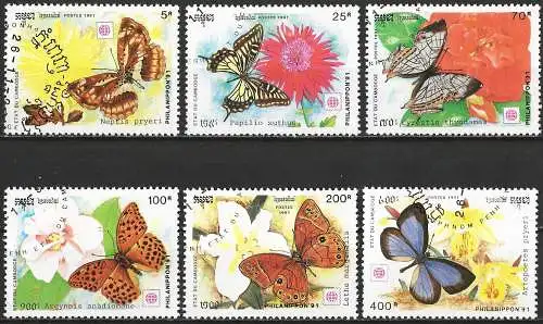Kambodscha 1991 - Mi 1253/58 - YT 1033/38 - Schmetterlinge und Blumen