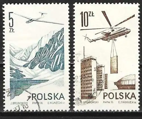 Polen 1976 - Mi 2437/38 - YT Pa 55 & 56 - Segelflugzeug und Hubschrauber ( Flugpost )