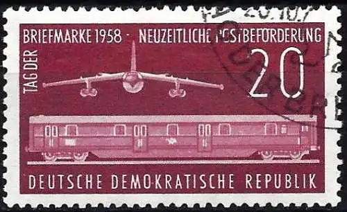 Deutschland DDR 1958 - Mi 661 - YT 378 - Tag der Briefmarke – Flugzeug und Postwagen 
