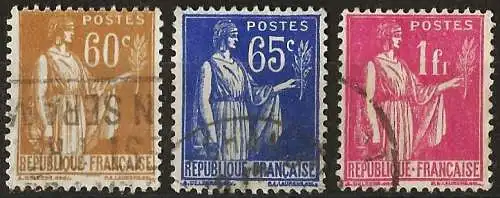Frankreich 1937 - Mi 367, 368 und 369 - YT 364, 65 und 369 - Typ " Frieden "