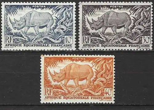 Französisch-Äquatorialafrika 1947 - Mi 262 bis 264 - YT 208 bis 210 - Fauna : Nashorn - MNH** ( Komplette serie )