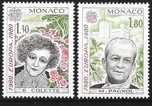 Monaco 1980 - Mi 1421 und 1422 - YT 1224 und 1225 - Europa CEPT - Schriftsteller : Colette und Marcel Pagnol - MNH**