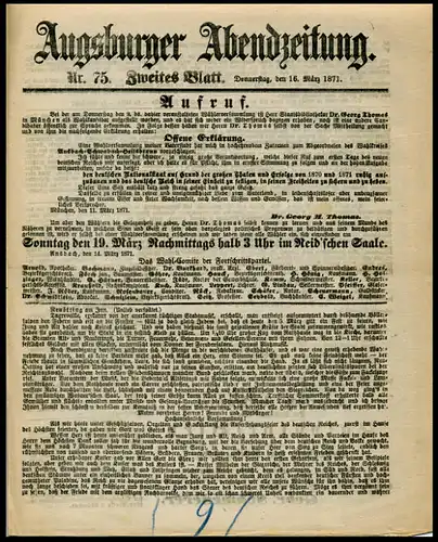 16. März 1871: Ausgabe der Augsburger Abendzeitung Nr. 75, Zweites Blatt
