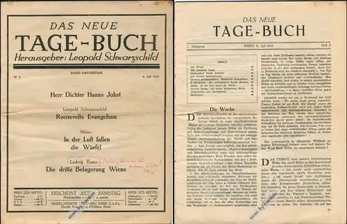 Exilliteratur:
DAS NEUE TAGE-BUCH. Zwei Hefte der Exilzeitschrift 1933 und 1935, hgg. von Leopold Schwarzschild (auch einzeln beziehbar)