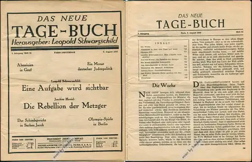 Exilliteratur:
DAS NEUE TAGE-BUCH. Zwei Hefte der Exilzeitschrift 1933 und 1935, hgg. von Leopold Schwarzschild (auch einzeln beziehbar)