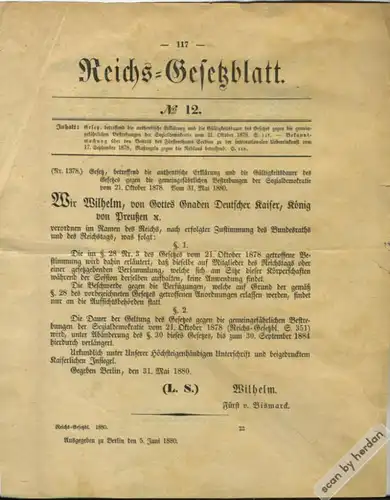 Deutsches Kaiserreich 1880: Verlängerung der Geltung des sog. Sozialistengesetzes (1878) aus dem Reichs-Gesetzblatt vom 5. Juni 1880
--------------------------------------------------------------------------------------------------------------------...