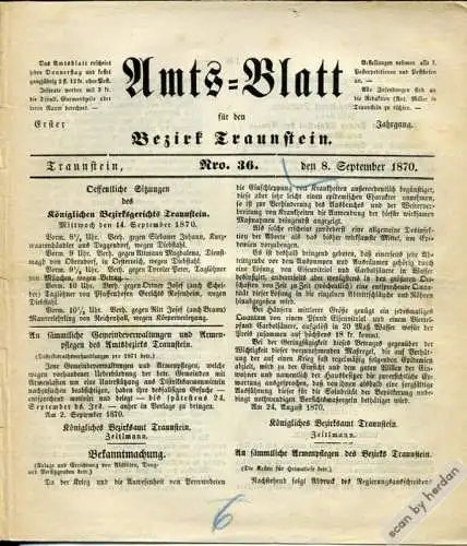 Amtsblatt für den Bezirk Traunstein. Erster Jahrgang 1870