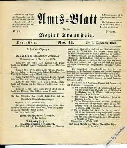 Amtsblatt für den Bezirk Traunstein. Erster Jahrgang 1870