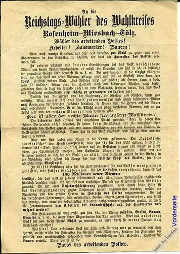 Reichstagswahl 1884: Flugblatt der bayerischen Sozialdemokraten (Sozialistische Arbeiterpartei Deutschlands SAPD) mit Stimmenwerbung für Georg von Vollmar.