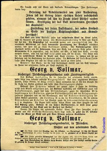 Reichstagswahl 1884: Flugblatt der bayerischen Sozialdemokraten (Sozialistische Arbeiterpartei Deutschlands SAPD) mit Stimmenwerbung für Georg von Vollmar.