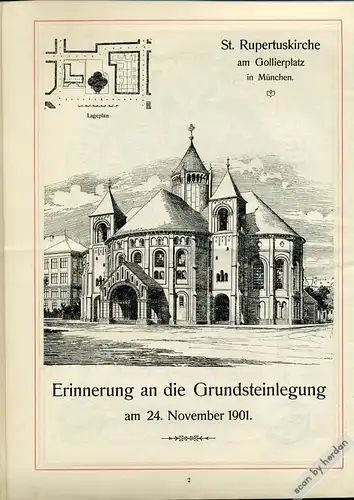 Rarität: Grundsteinlegung der St. Rupertuskirche in München 1901. 26-seitige illustrierte Broschüre des Kirchenbau-Vereins St. Rupertus in München.