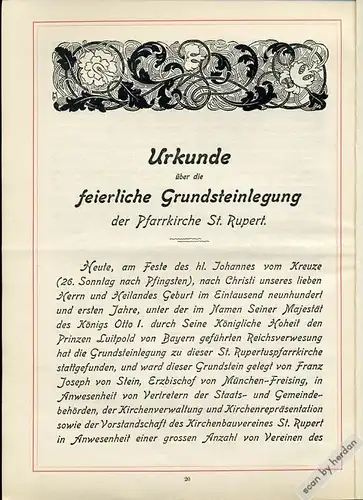 Rarität: Grundsteinlegung der St. Rupertuskirche in München 1901. 26-seitige illustrierte Broschüre des Kirchenbau-Vereins St. Rupertus in München.