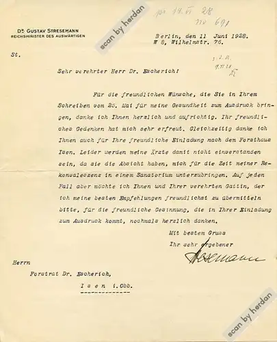 Autograf von Gustav Stresemann (1878-1929) auf einem
Brief an den bayerischen Forstrat Dr. Escherich vom 11. Juni 1928.
