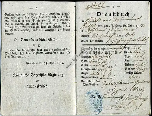 1839: Dienstbotenbuch, ausgestellt am 2. Oktober 1839, und Geburtsurkunde für Sebastian Grünauer aus Ensdorf bei Mühldorf im originalen Pappschuber.