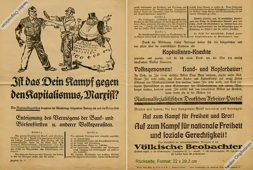 Historisches Dokument: Flugblatt der NSDAP 1926/27 zur „Enteignung des Vermögens der Bank- und Börsenfürsten u. anderer Volksparasiten.“