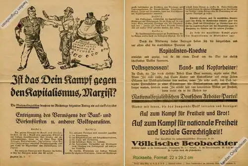 Historisches Dokument: Flugblatt der NSDAP 1926/27 zur „Enteignung des Vermögens der Bank- und Börsenfürsten u. anderer Volksparasiten.“