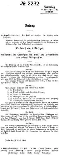 Historisches Dokument: Flugblatt der NSDAP 1926/27 zur „Enteignung des Vermögens der Bank- und Börsenfürsten u. anderer Volksparasiten.“