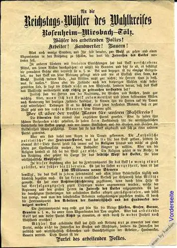 Reichstagswahl 1884: Flugblatt der bayerischen Sozialdemokraten (Sozialistische Arbeiterpartei Deutschlands SAPD) mit Stimmenwerbung für Georg von Vollmar.