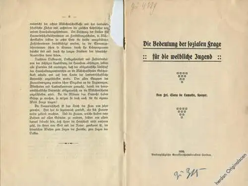 Rarität: Lamotte, Clara de: Die Bedeutung der sozialen Frage für die weibliche Jugend. Vorderpfälzische Genossenschaftsdruckerei Landau 1909