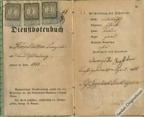 Bezirksamt Berchtesgaden: 1868 - Dienstbotenbuch für Franziska Kropfleitner aus Land Schellenberg bei Berchtesgaden, ausgestellt am 20. April 1868 vom Königlichen Bezirksamt Berchtesgaden. 