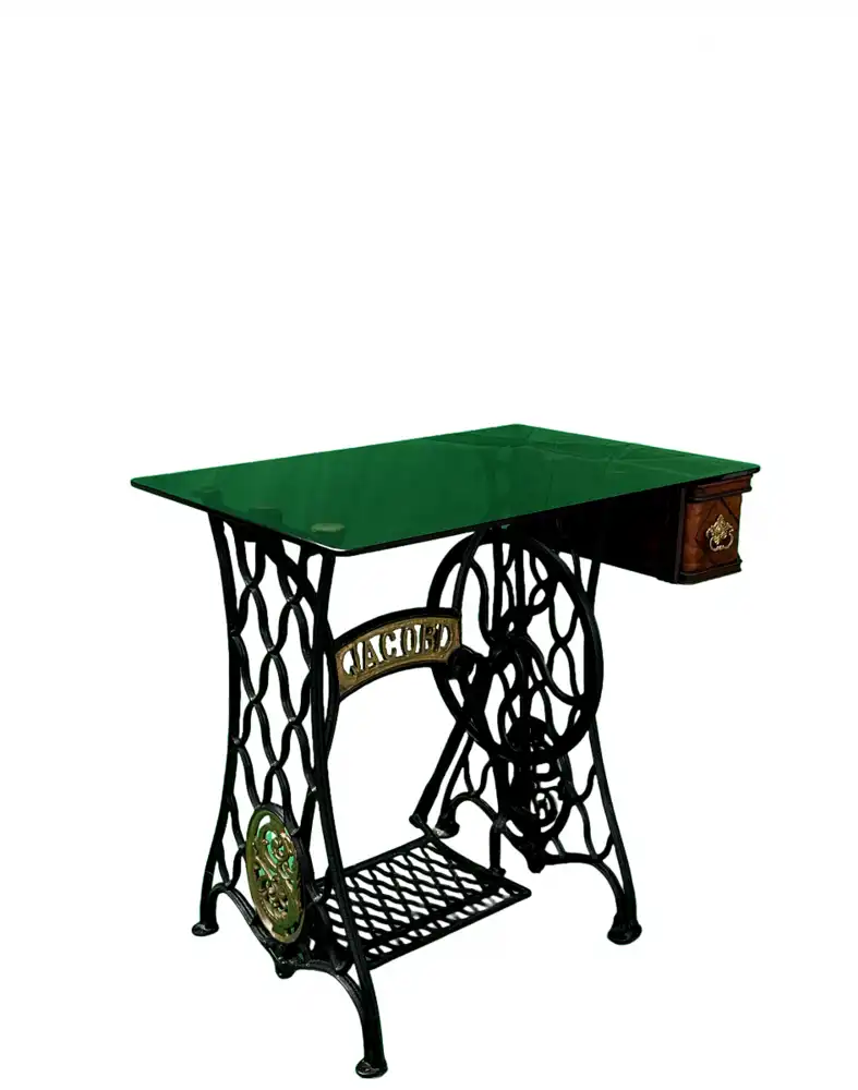 Tisch mit Rauchglas Platte, Unterbau Jacobi Nähmaschinengestell 1