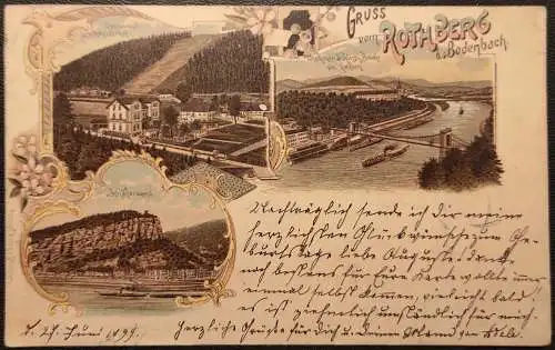 [Lithographie] Gruss vom Rothberg bei Bodenbach in Böhmen - Lithographie-Mehrbildkarte. 