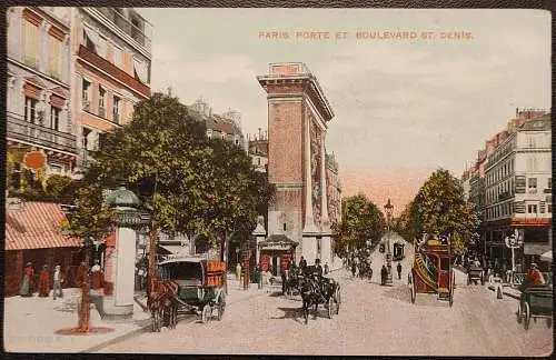 [Echtfotokarte schwarz/weiß] Paris in Frankreich, Porte et Boulevard St. Denis mit Droschkenverkehr. 