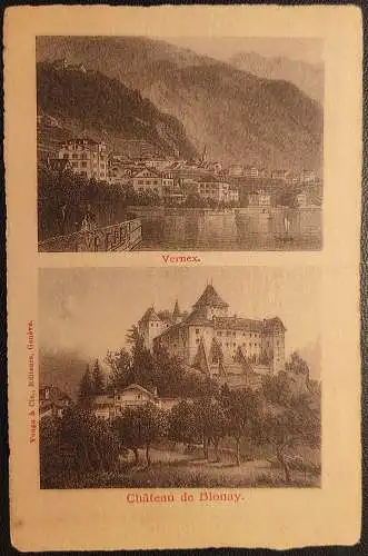 [Echtfotokarte schwarz/weiß] Vernex (Stadtteil) von Montreux in der Schweiz, Uferansicht und Chateau de Blonay - Zweibildkarte. 