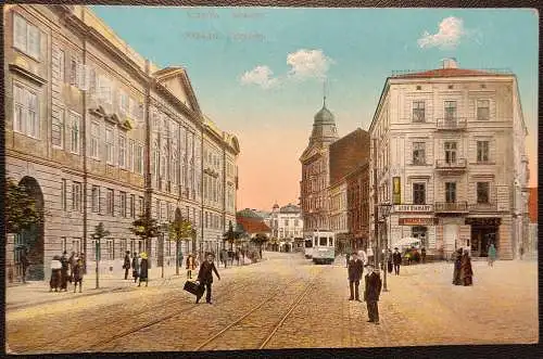 [Echtfotokarte farbig] Kraków (Krakau) in Polen, Stradom mit Fußgänger- und Straßenverkehr. 