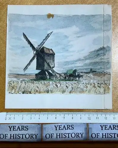 Altes Aquarell  - Moulin en Beauce Loiret - Windmühle Windmill 13x13 cm signiert