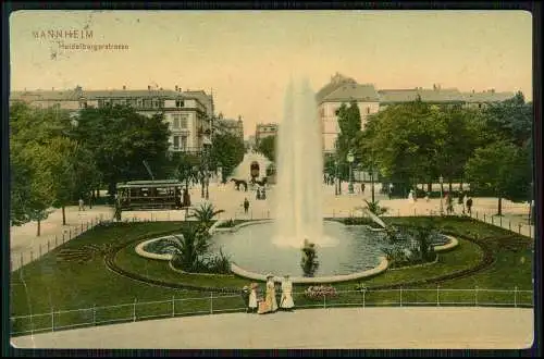 AK Mannheim Heidelberger Straße Springbrunnen Straßenbahn 1914 gel.