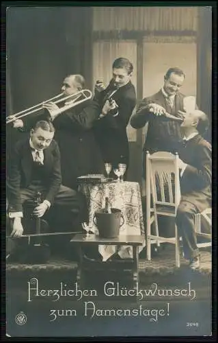 AK Musik-Band Trompete Geige Zither fröhliche Herren Namenstage 1913 gelaufen
