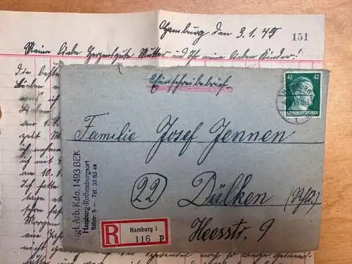 Nr. 1 Feldpostbrief + Inhalt - Stammlager Stalag Hamburg-Rothenburgsort 01. 1945
