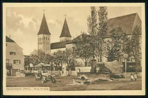 AK Postkarte Heidenheim Hahnenkamm Mittelfranken Kirche Vorplatz mit Auto 1917