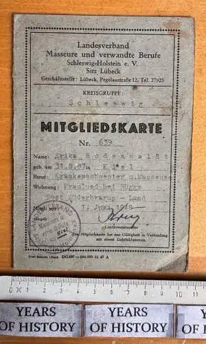 Mitgliedskarte für Masseure  Verwandte Berufe Schleswig Lübeck ab 1946 Erika R.
