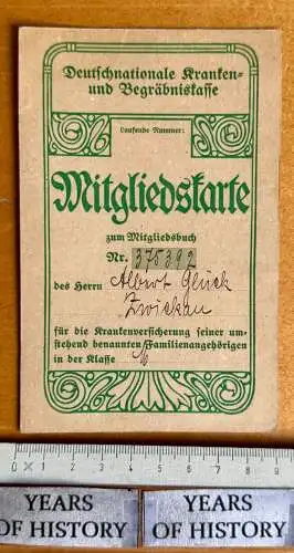 Mitgliedskarte Deutschnationale Kranken und Begräbniskasse Jugendstil 1921