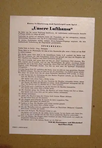 DDR Brettspiel "Unsere Lufthansa"   DDR-Artikel-Nr.: III/26/13 A 962/58 59-3157, VEB(K)Kartonagen-u.Bürobedarf Karl-Marx-Stadt