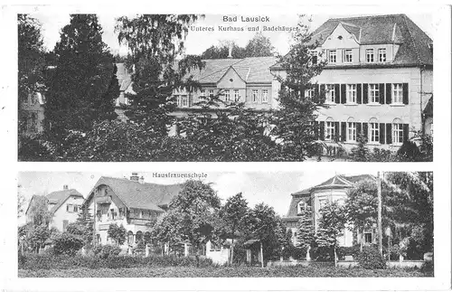 [Ansichtskarte] Bad Lausick Unteres Kurhaus und Badehäuser + Hausfrauenschule, gelaufen mit Text und gestempelter Briefmarke - siehe S/W-Scan - im Original bräunlicher Farbton. 