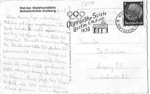 [Ansichtskarte] Ostseebad Kolberg/Pommern - Waldheilstätte Schülerbrink  - siehe S/W-Scan - gelaufen mit gestempelter Briefmarke. 